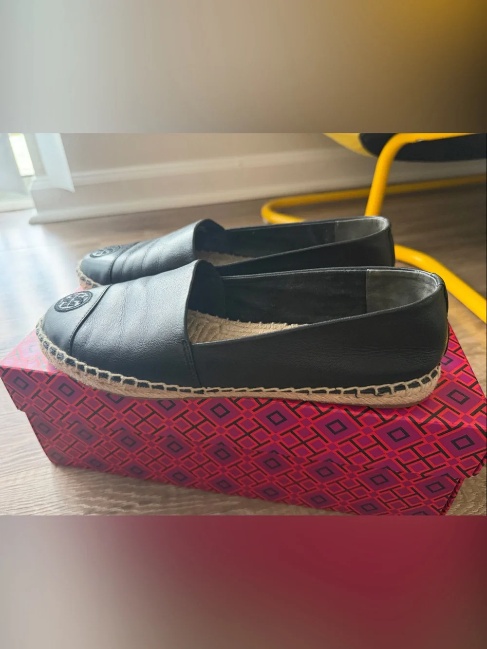 Tory Burch Black Leather Espadrille Flats
